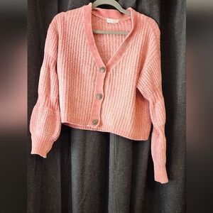 Derek Heart Pink Ribbed Knit Sweater M | Soft Cozy Button Up Long Puffy Sleeve